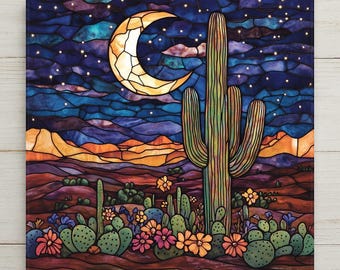 Saguaro Cactus Wall Art Ceramic Tile Stained Glass Style Southwest Desert Night Decor Boho Moon Southwestern Nature Art