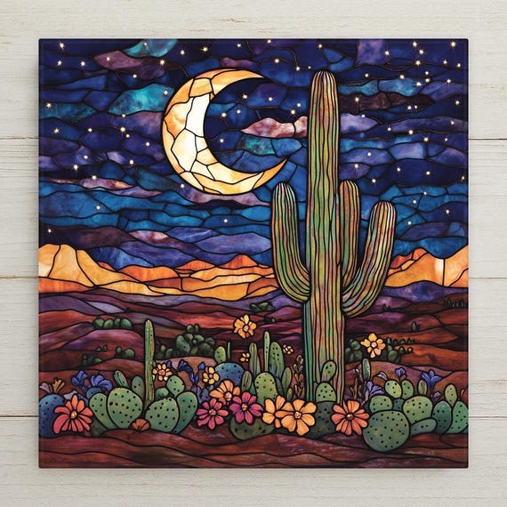 Southwestern Ceramic Tile Art: Stained Glass Cactus, Moon, and Stars Desert Wall Decor