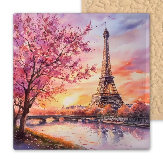 Romantic Paris Eiffel Tower Sunset with Cherry Blossoms Ceramic Tile - French Landscape Wall Art