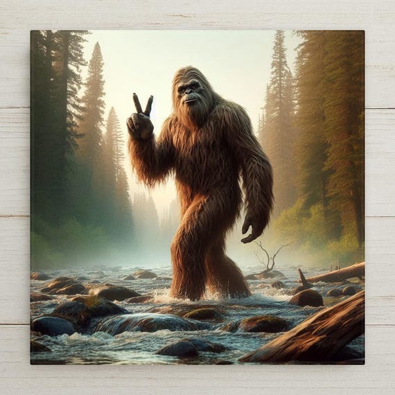 Sasquatch Peace Sign Ceramic Tile Wall Art – Bigfoot Forest Home Decor, Camping Nature Wall Decor Hiking Lover Man Cave Gift,