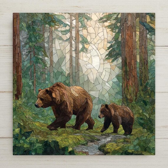 Bear Cub Ceramic Tile Wall Art - Stained Glass Woodland Home Decor, Mother Baby Animal Wildlife Nature Gift