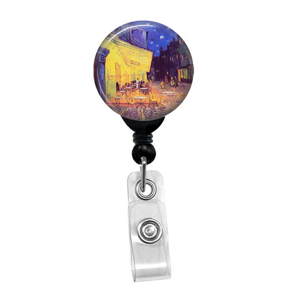 Van Gogh Café Terrace at Night Badge Reel – Art ID Holder – Retractable Name Clip for Teachers, Nurses, Art Lovers, Museum Gift Idea