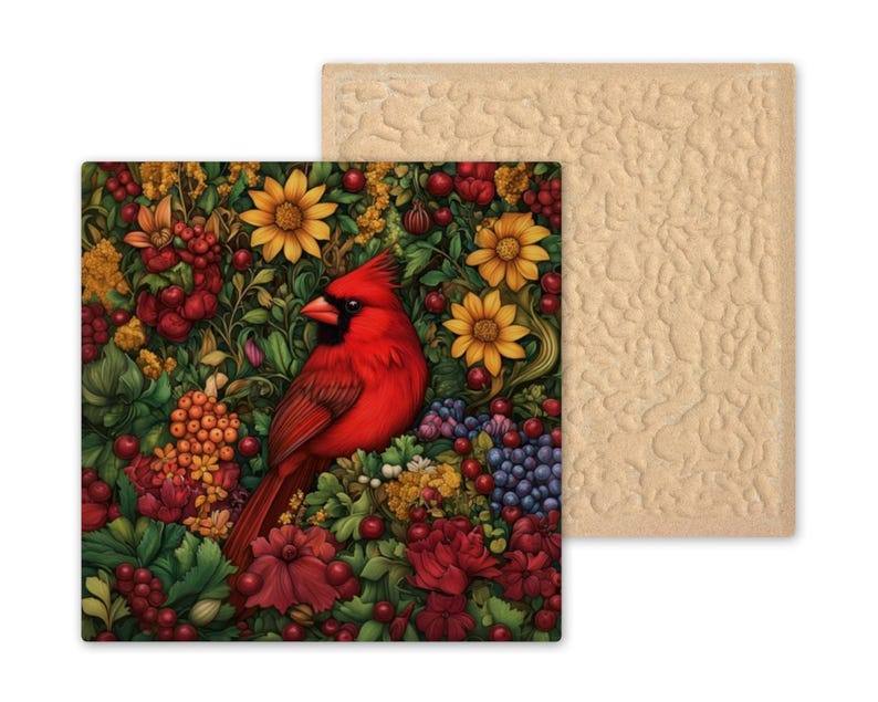 Cardinal Wall Art Ceramic Tile Art Nouveau Gift William Morris Red Cardinal Decor Memorial Bird Sympathy Nature image 9