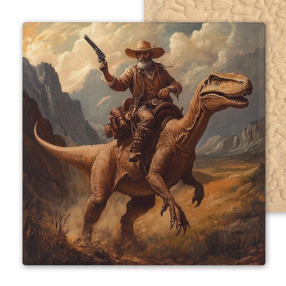 Western Velociraptor Cowboy Tile Art - Rustic Dinosaur Wall Decor for Cabin Lodge Home