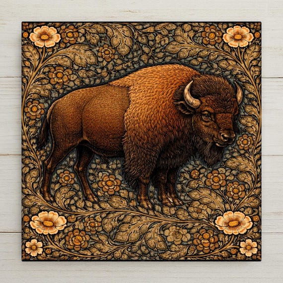 Bison Wall Art Ceramic Tile Wildlife Lover Gift Cabin Lodge Decor Buffalo Art William Morris Style Nature Tile