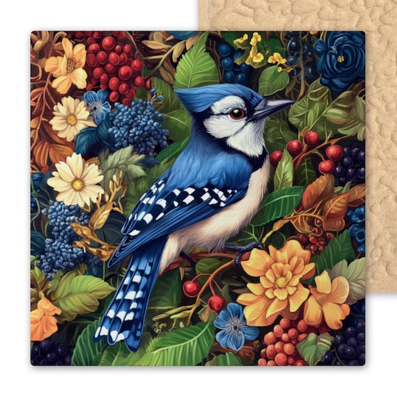 Art Nouveau Blue Jay Ceramic Tile - William Morris Inspired Woodland Bird Floral Decor for Cottagecore Garden