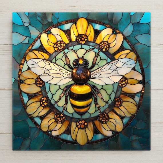 Stained Glass Bee Mandala Ceramic Tile - Sacred Geometry Wall Art for Garden & Cottagecore Decor
