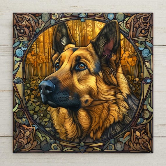 German Shepherd Art Tile: Alphonse Mucha Inspired Ceramic Decor