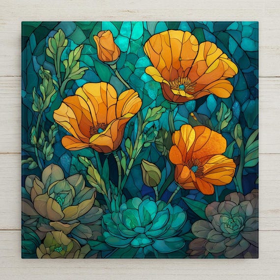 Vibrant California Poppies & Succulents Ceramic Tile - Stained Glass Style Wall Art for Botanical Decor
