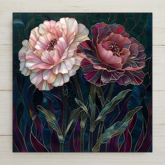 Pink Carnation Wall Art Ceramic Tile – Stained Glass Floral Decor, Romantic Botanical Home Decor, Elegant Flower Wall Decor