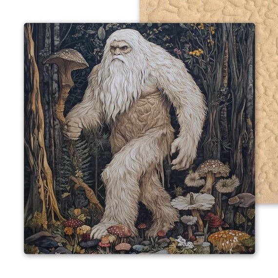 Bigfoot Ceramic Tile Art: Forest Mushroom Wall Decor - William Morris Inspired Cryptid Home Gift