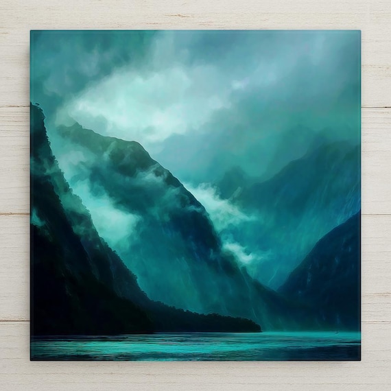 Norwegian Fjord Ceramic Tile Wall Art – Misty Teal Mountain Fjord, Stained Glass Style Nordic Coastal Home Decor