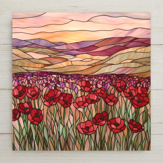 Vibrant Red Poppy Field Ceramic Tile - Stained Glass Landscape Wall Art Decor Gift
