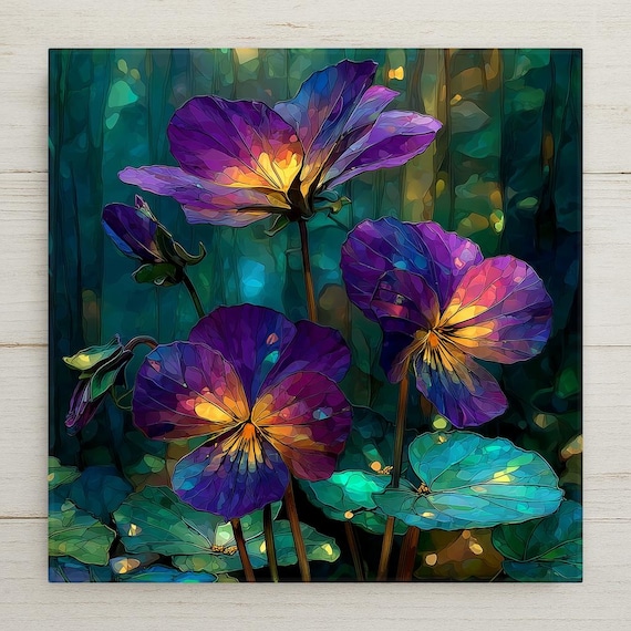 Violet Flower Wall Art Ceramic Tile February Birthday Gift Birth Month Flower Stained Glass Style Botanical Art