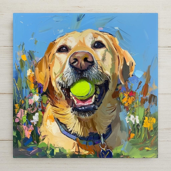 Cheerful Yellow Labrador Retriever Ceramic Tile Art - Impasto Pet Portrait with Tennis Ball