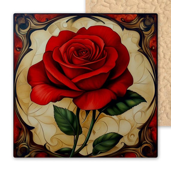 Art Nouveau Crimson Rose Ceramic Tile Wall Decor - Alphonse Mucha Inspired Floral Gift - Romantic Botanical Art