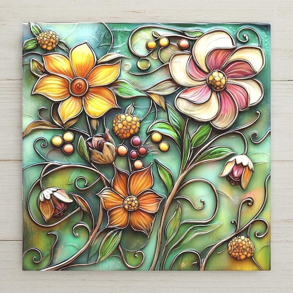 Floral Stained Glass Style Ceramic Tile: Summer Garden Wall Art