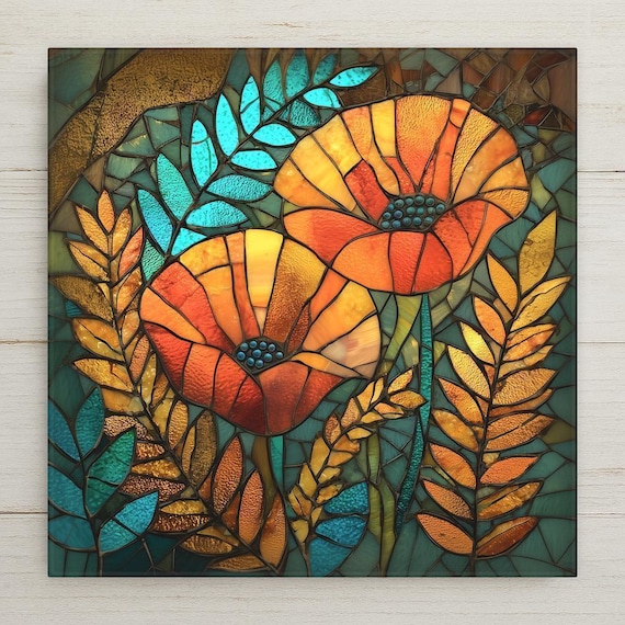 Orange Poppy Ceramic Tile Wall Art - Stained Glass Style Floral Decor, Teal Gold Nature Gift for Garden Flower Lovers