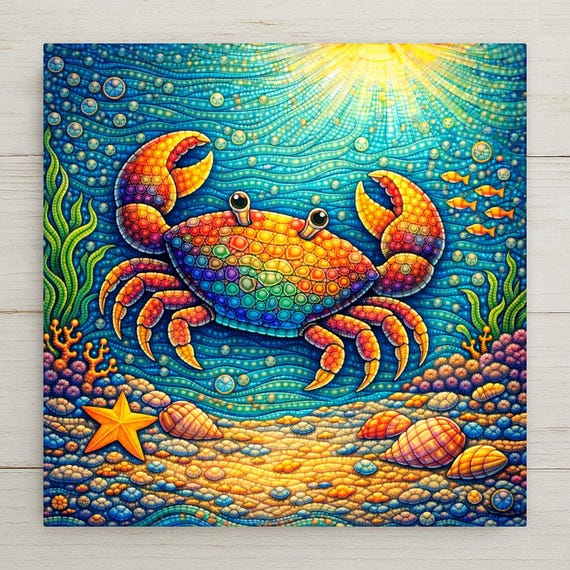 Whimsical Crab Ceramic Tile Wall Art – Coastal Nursery Decor, Stained Glass Style Ocean Animal, Beach House Home Decor