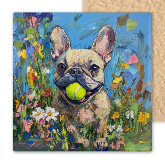 French Bulldog Ceramic Tile Art – Playful Dog Wall Art with Tennis Ball, Colorful Wildflower Pet Portrait, Handmade Whimsical Home Decor