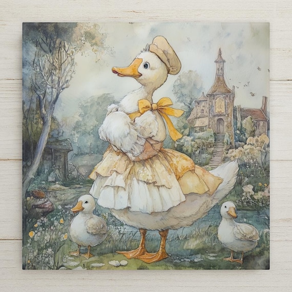 Whimsical Mother Goose Ceramic Tile Art: Cottagecore Nursery Rhyme Wall Decor for Kids' Room