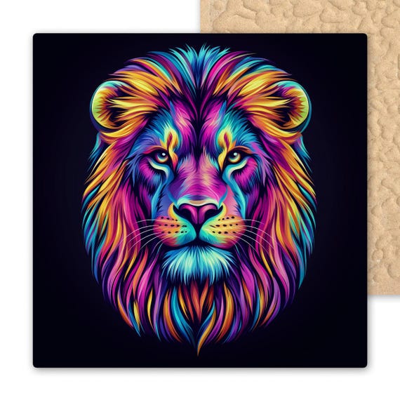 Vibrant Neon Leo Lion Ceramic Tile - Zodiac Wall Art for Astrology Enthusiasts and Birthday Gifts
