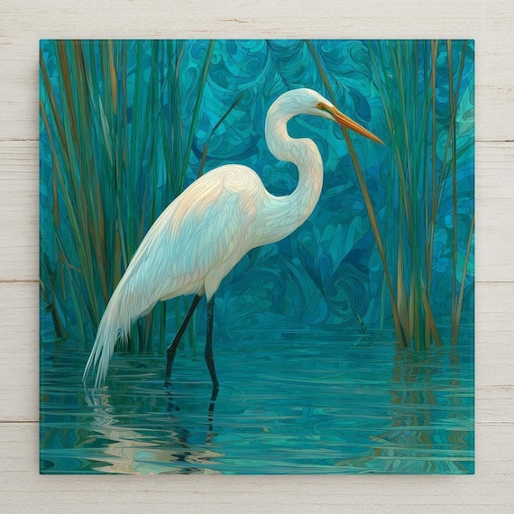 Coastal Ceramic Tile: White Egret in Reeds - Serene Beach Wall Art for Nautical Home Decor