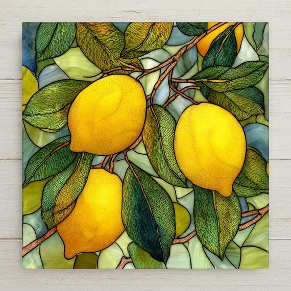 Lemon Branch Ceramic Tile Wall Art – Stained Glass Style Kitchen Decor, Citrus Fruit Home Decor, Vibrant Botanical Wall Decor Gift