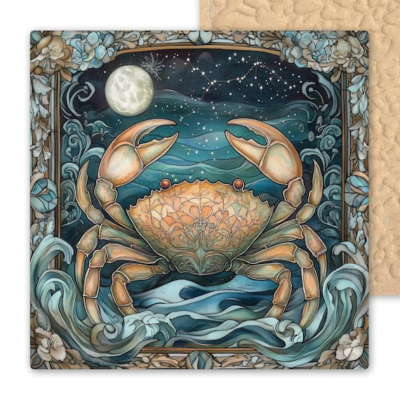 Floral Cancer Zodiac Ceramic Tile Art - Stained Glass Crab Wall Decor for June/July Birthday Gift