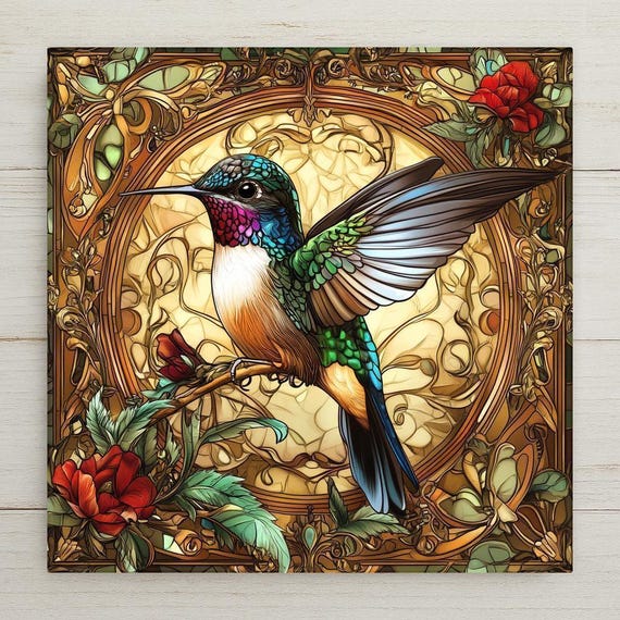 Art Nouveau Hummingbird Ceramic Tile: Mucha-Inspired Stained Glass Wall Decor, Trivet & Bird Lover Gift