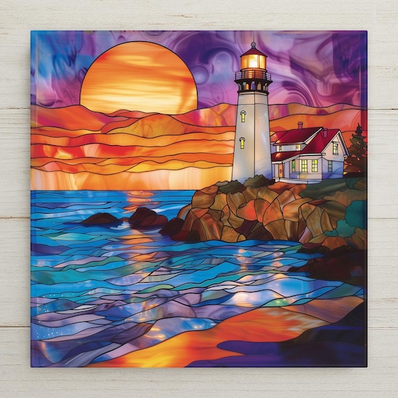 Nautical Ceramic Lighthouse Tile: Sunset Wall Art for Beach Cottage, Coastal Decor, Seaside Gift
