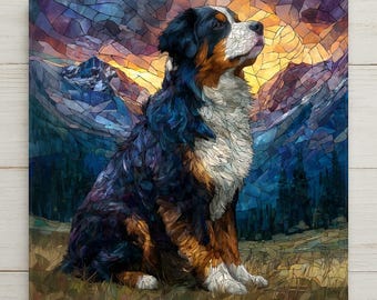 Decoración de pared con diseño de perro de montaña bernés, azulejo de cerámica estilo vidriera, regalo para amantes de los perros, decoración de naturaleza, regalo para ella.