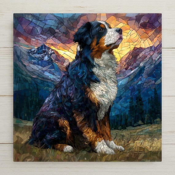 Bernese Mountain Dog Wall Art Ceramic Tile Stained Glass Style Dog Lover Gift Nature Decor Gift for Her
