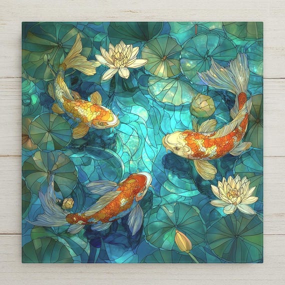 Koi Fish Lotus Ceramic Tile Decor – Symbolic Prosperity and Harmony Art with Stained Glass Style for Calm, Balanced Home Decor