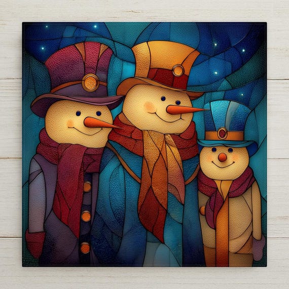 Snowman Family Wall Art Ceramic Tile Stained Glass Style Christmas Gift Holiday Winter Family Decor Art