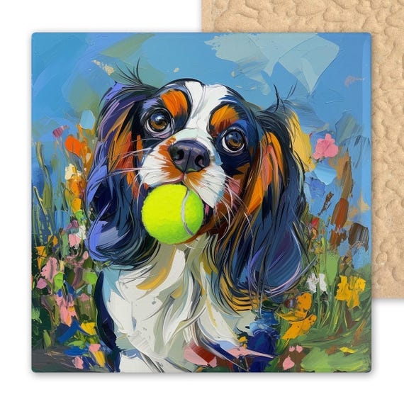 Cavalier King Charles Spaniel Ceramic Tile Art – Colorful Dog Wall Art with Tennis Ball in Wildflowers – Pet Portrait Gift for Dog Lovers