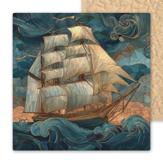 Stained Glass-Inspired Ceramic Sailing Ship Tile - Nautical Wall Art for Coastal Home Decor