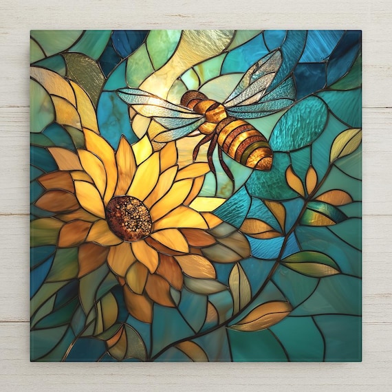 Bee Wall Art Ceramic Tile – Sunflower Pollinator Decor – Nature Lover Wall Decor – Garden Kitchen Decor – Decorative Wall Tile Home Decor