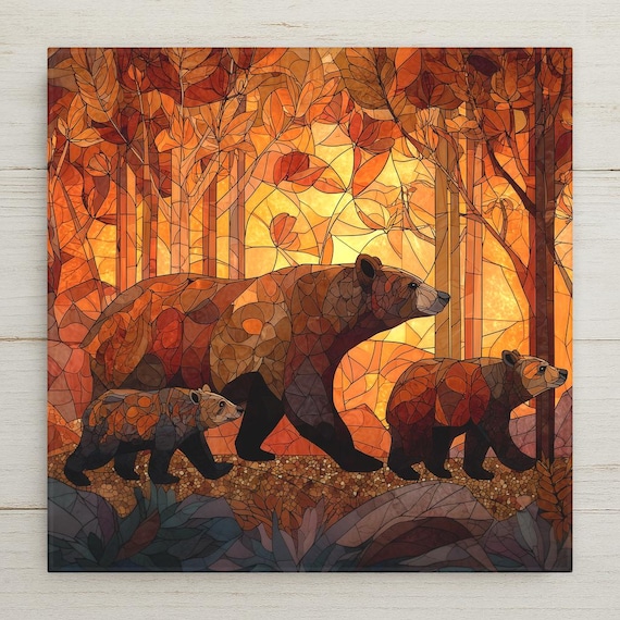 Bear Family Ceramic Tile Wall Art – Stained Glass Style Autumn Forest Decor, Wildlife Home Decor, Rustic Cabin Wall Decor Gift