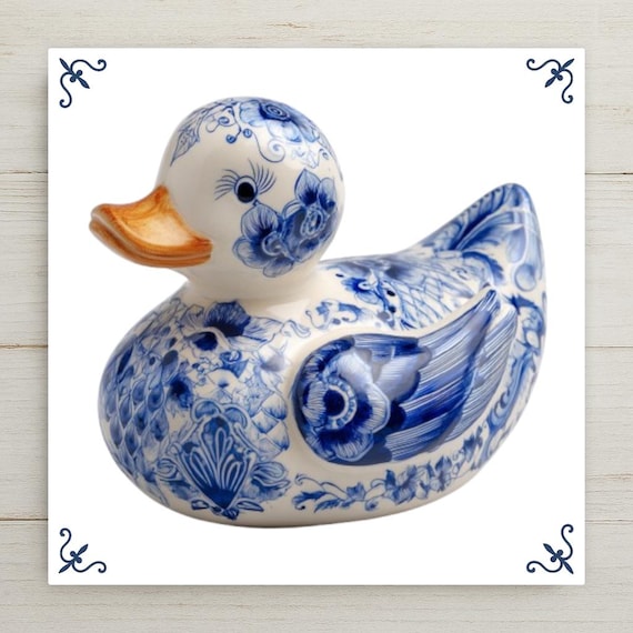 Blue Delft Rubber Duck Ceramic Tile Home Decor: Dutch Bathroom Art, Decorative Handcrafted Collectible