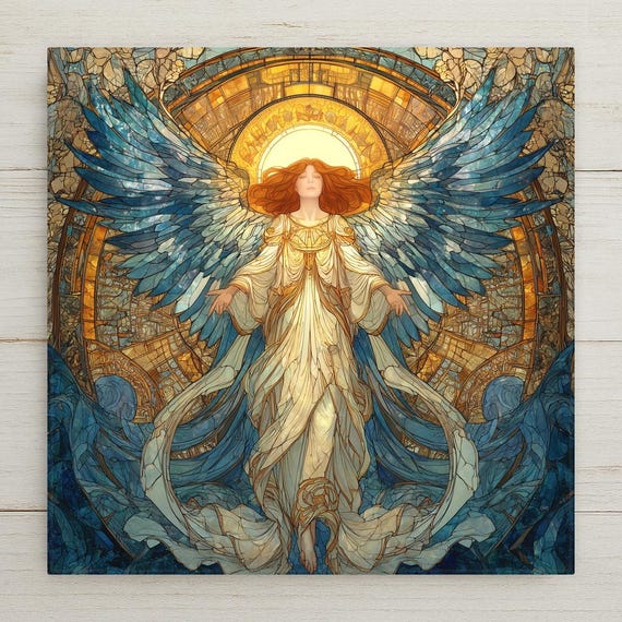 Angel Ceramic Tile Wall Art – Stained Glass Style Archangel Design, Spiritual Home Decor, Heavenly Wall Decor Gift for Faith Lovers