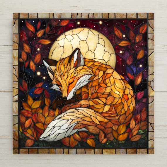 Stained Glass Fox Ceramic Tile: Rustic Woodland Wall Art