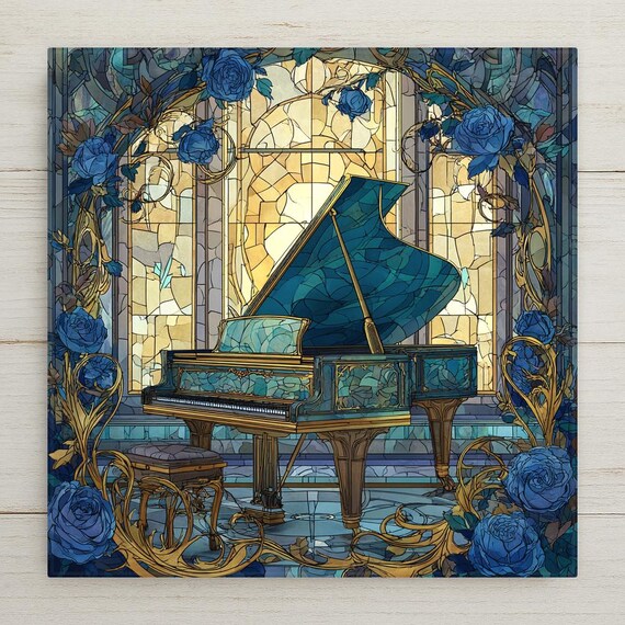 Grand Piano Ceramic Tile Wall Art – Art Nouveau Stained Glass Style Music Wall Decor Elegant Blue Home Decor Gift for Musicians and Pianists