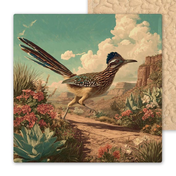Southwest Ceramic Roadrunner Tile Art: Desert Wall Decor with Cactus & Wildflowers - Arizona Bird Gift