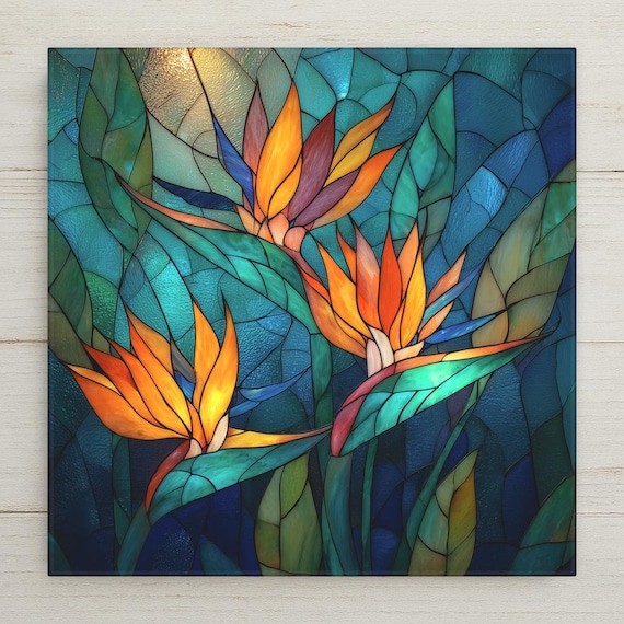 Bird of Paradise Trio Stained Glass Style Ceramic Tile Art – Tropical Floral Wall Decor – Orange Blue Botanical Home Accent