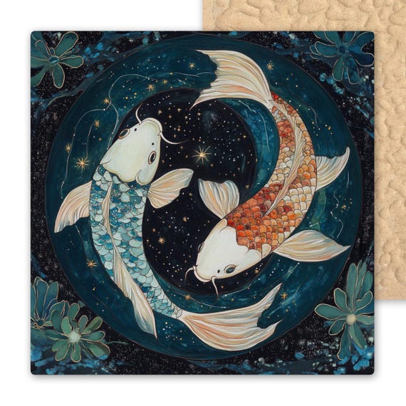 Pisces Zodiac Ceramic Tile: Stained Glass Koi Fish Wall Art for Astrology Lovers & Home Decor