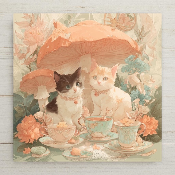 Enchanting Kittens Tea Party Wall Art: Ceramic Tile with Stained Glass Style Woodland Scene