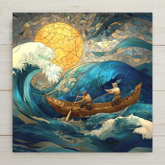Ocean Fishermen Ceramic Tile Wall Art – Stained Glass Style Nautical Decor, Coastal Home Decor, Beach Wall Art Gift