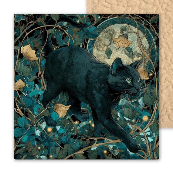 Black Cat Moon Wall Art Ceramic Tile Stained Glass Style Night Flowers Mystical Feline Gothic Decor Pet Lover Gift Enchanted Home Accent
