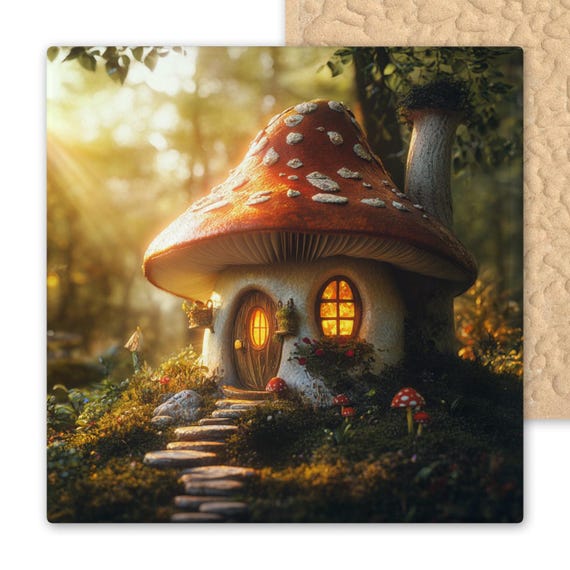 Enchanting Ceramic Mushroom House Tile: Whimsical Fairy Cottage Art for Fantasy Forest Decor